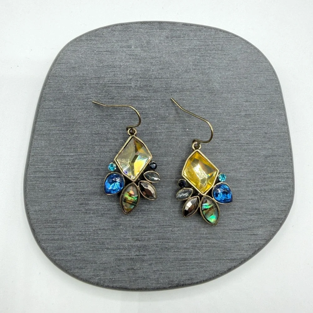 Multicolor Rhinestone Abalone Look Gold Tone Dangle Earrings Boho Statement
